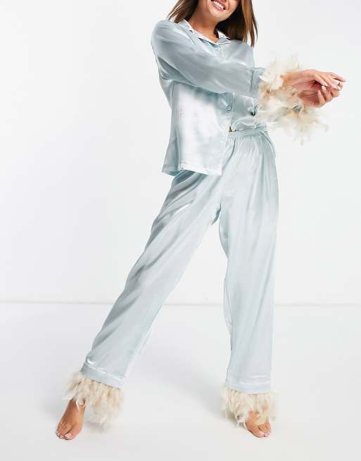 Night satin pajamas with faux feather trim in aqua ASOS