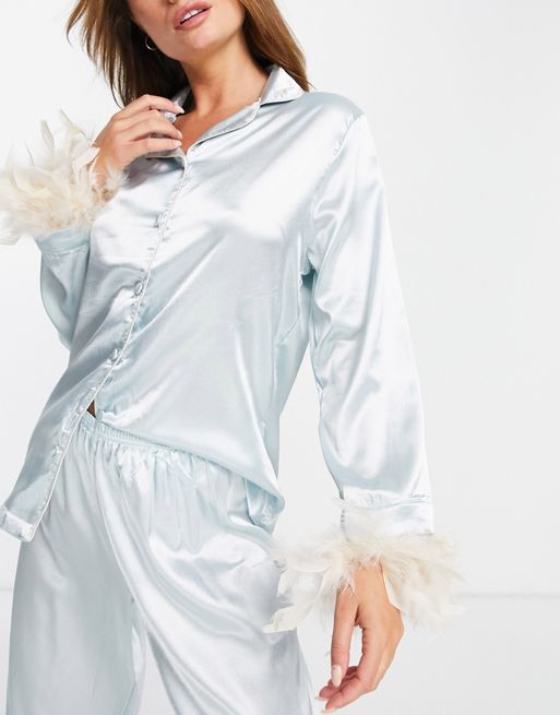 Night Maternity satin pajamas with detachable faux feather trim in
