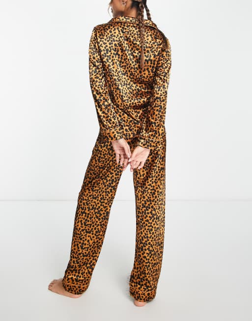 Night satin pyjama set in brown abstract animal print, 2 of 4