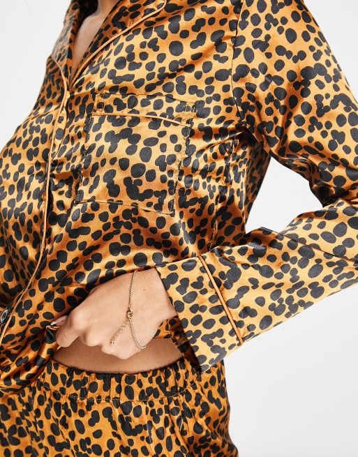 Night satin pyjama set in brown abstract animal print, 3 of 4