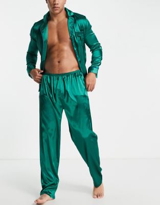 NIGHT Night satin revere shirt and trousers pyjama set in forest green