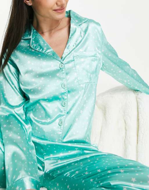 Night satin star print long pyjama set in mint green | ASOS