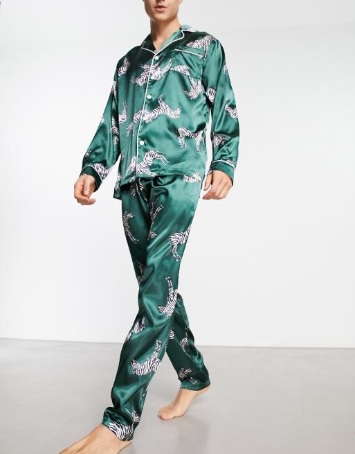 Night satin zebra pyjama set in forest green