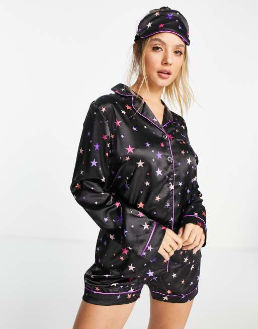 Night - Set regalo di abbigliamento da notte da 5 pezzi in raso con stampa con stelle, colore blu navy multicolore, 2 di 4