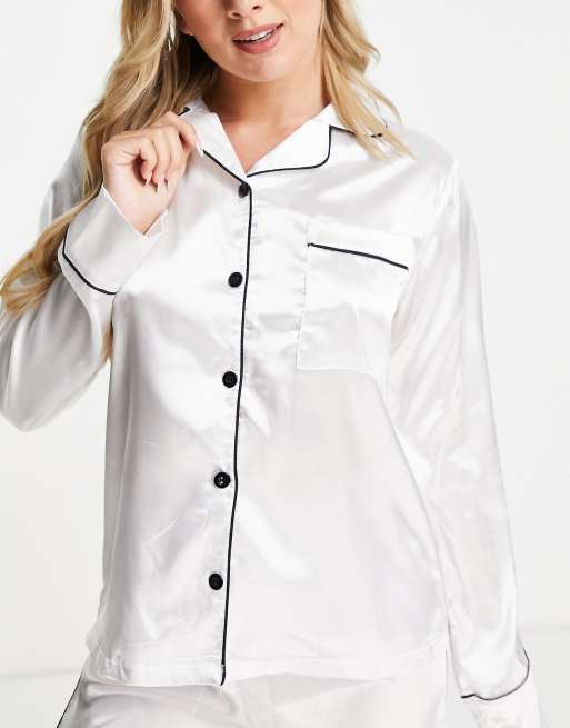 Night slouchy pajama set in white with black piping