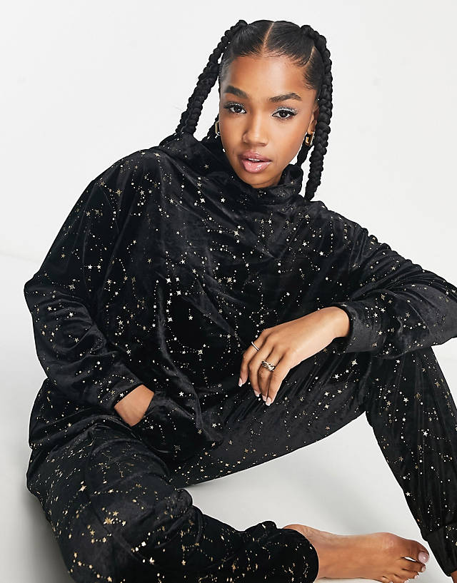 NIGHT - velvet oversized lounge hoodie in black with gold stars