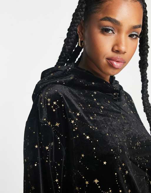 Night velvet oversized lounge hoodie in black with gold stars