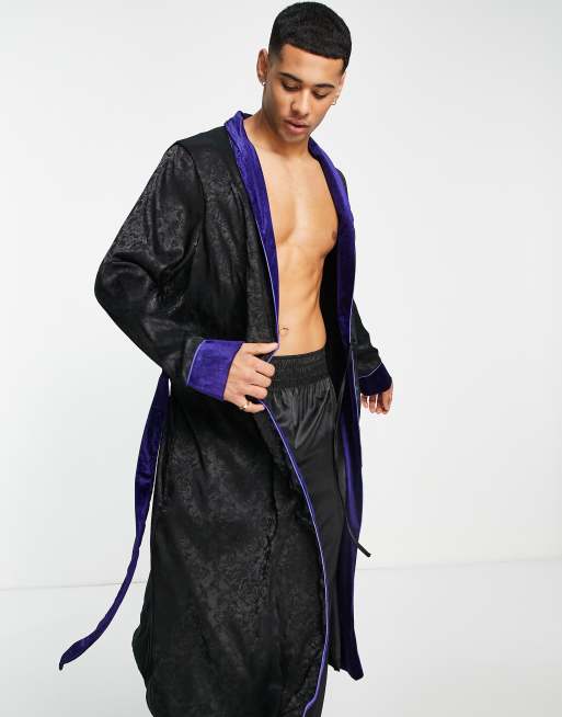 Men's Dressing Gown Robe Umber Brown Jacquard Black Silk Extra Long