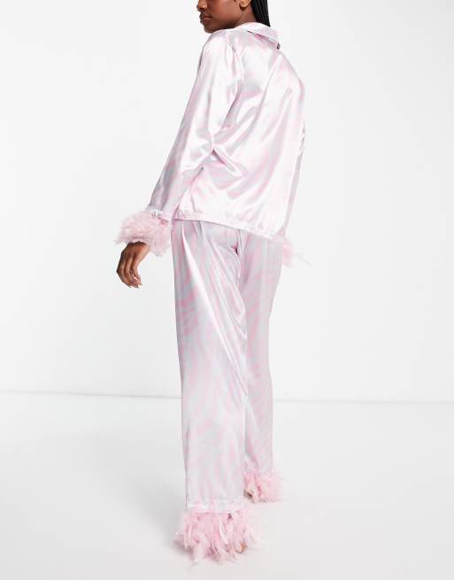 Night Maternity satin pajamas with detachable faux feather trim in