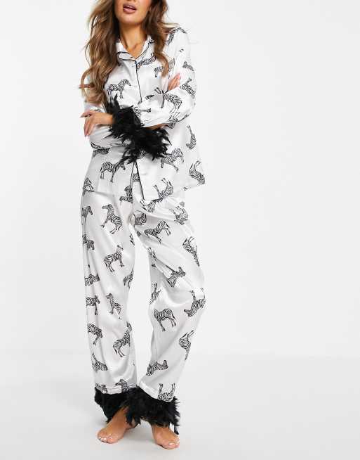 Night zebra satin pyjamas with detachable faux feather trim in white | ASOS