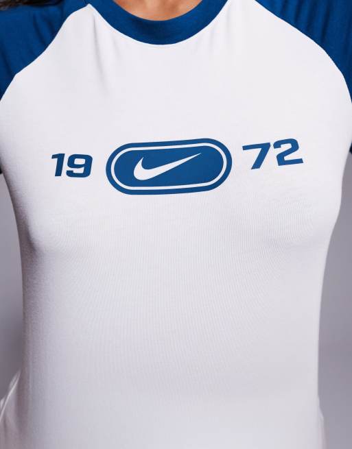 Nike - 1972 - T-shirt met raglanmouwen en logo in wit met blauw, 2 van 4