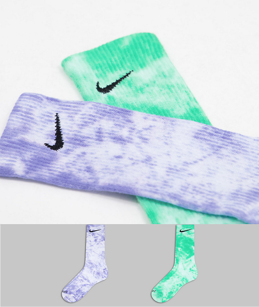 Nike 2 Pack Everyday Essential tie dye socks in purple/green-Multi