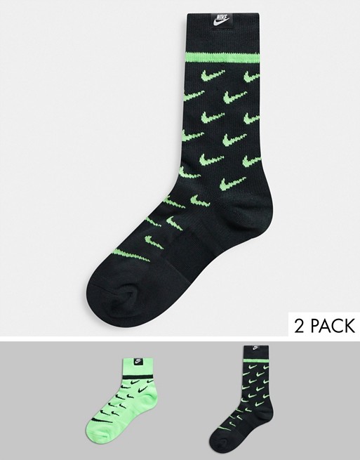 Nike 2 pack socks in black/neon green