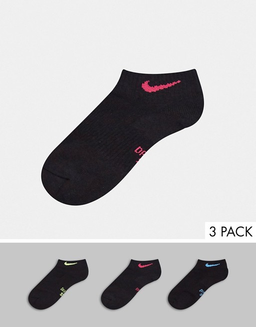 Nike 3 pack black ankle socks with coloured swoosh