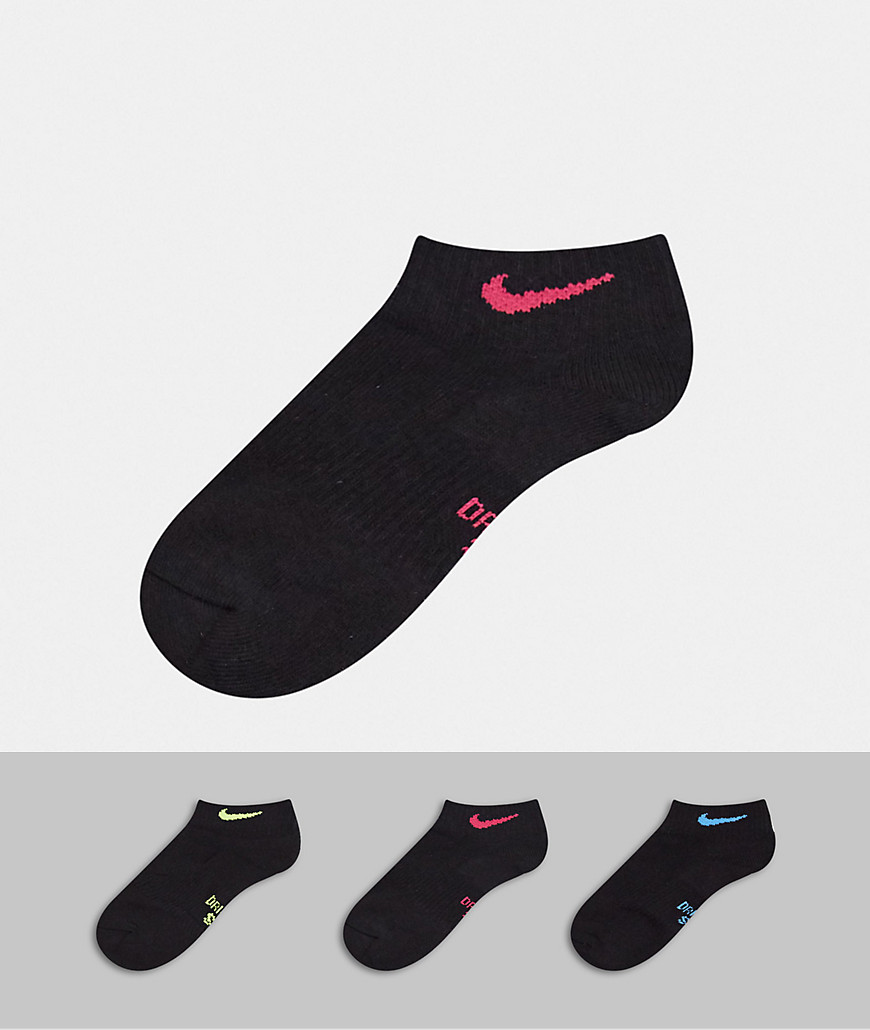 Nike 3 pack black ankle socks with coloured swoosh