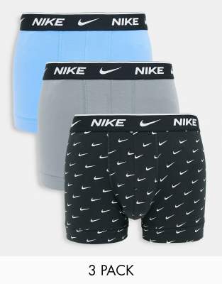 Nike 3 pack cotton stretch trunks in blue/grey/black