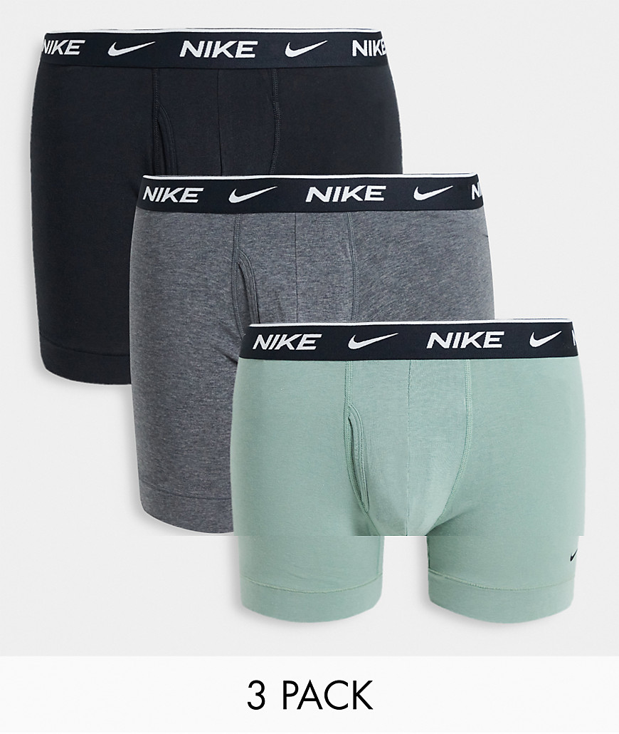 Nike 3 Pack Everyday Cotton Stretch boxer briefs with fly in gray/green/black-Multi