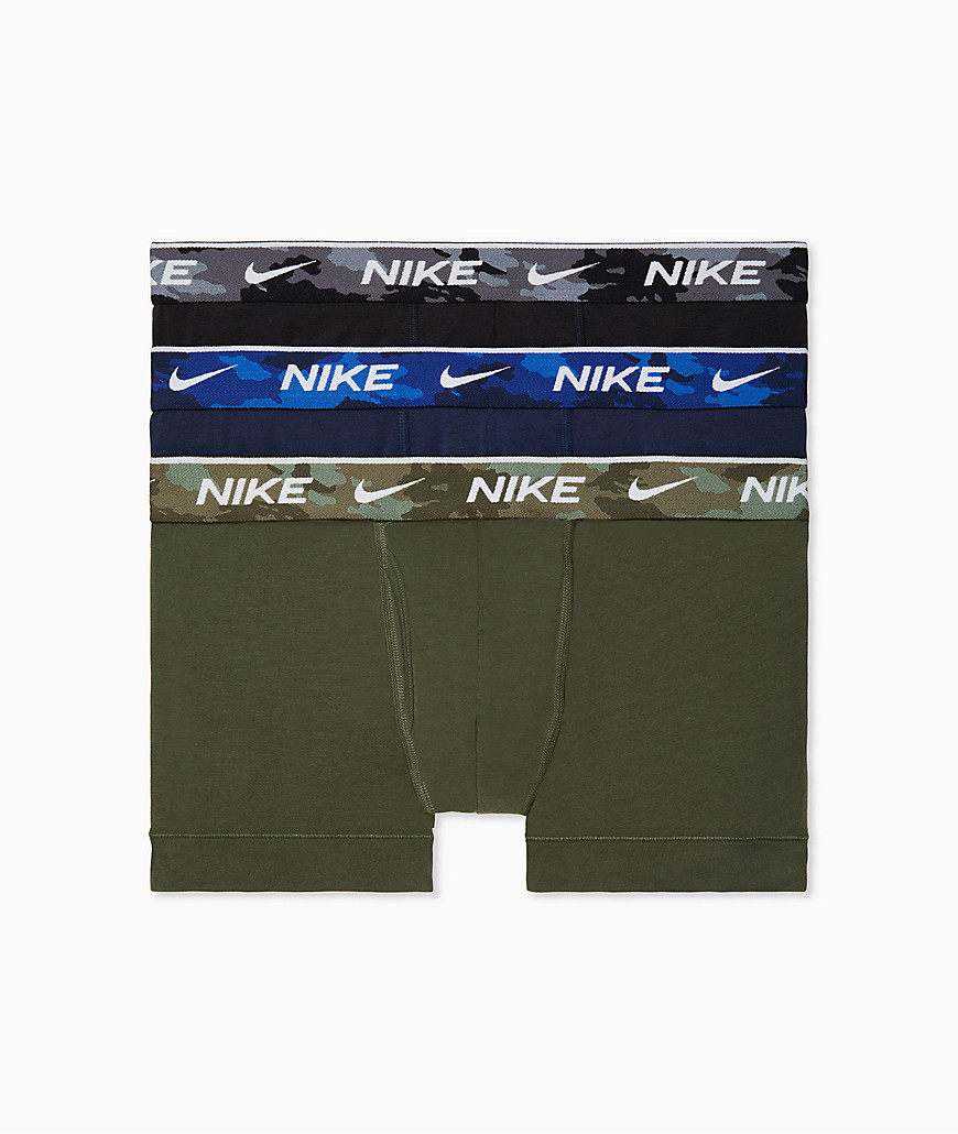 Nike 3 Pack Everyday Cotton Stretch camo waistband boxer briefs with fly in khaki/blue/gray-Multi
