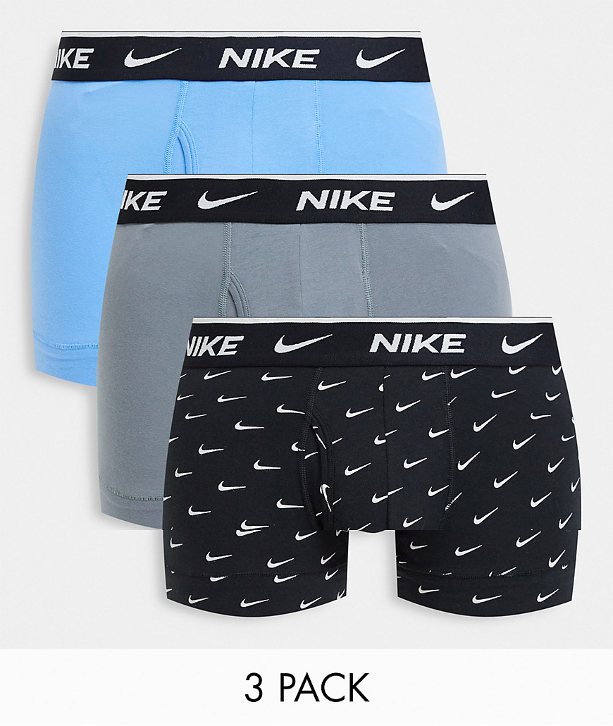 Nike 3 Pack Everyday Cotton Stretch trunks with fly in blue/gray/black-Multi