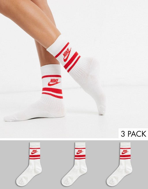 Nike 3 Pack logo stripe socks in white and red