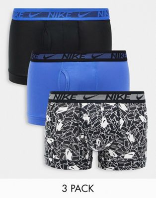 Nike 3 pack of trunks in blue/navy and black all over logo print