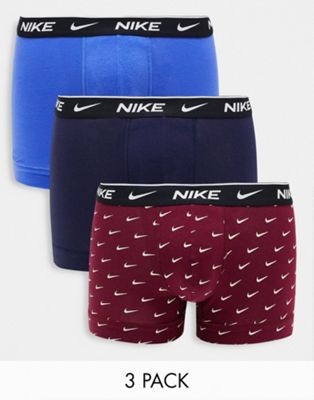 Nike 3 pack of trunks in navy/blue/swoosh print in burgundy