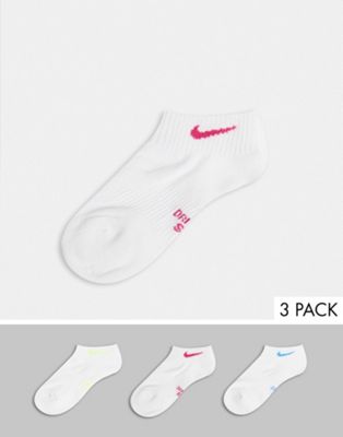 Nike 3 pack white ankle socks with colored swoosh