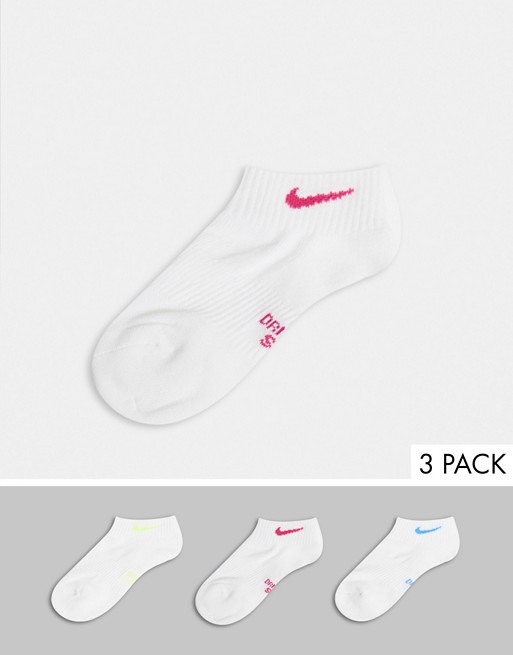 Nike 3 pack white ankle socks with coloured swoosh