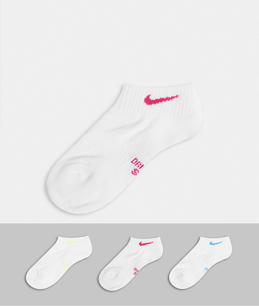 Nike 3 pack white ankle socks with coloured swoosh