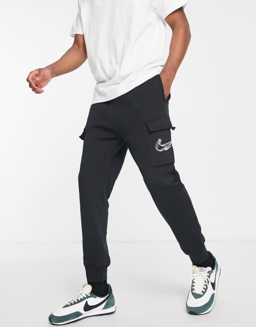 Nike 3D Swoosh fleece cargo joggers in black and white ASOS