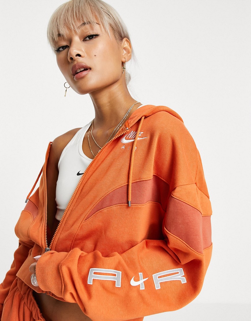 Nike Air cropped zip thru fleece hoodie in orange-Brown