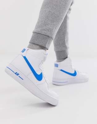 white air force ones with blue swoosh