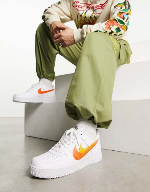 Nike Air Force 1 07 double swoosh spray trainers in white and orange