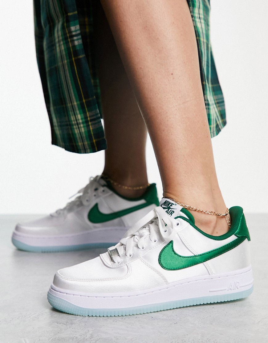 Nike Air Force 1 ’07 satin trainers in white and sport green