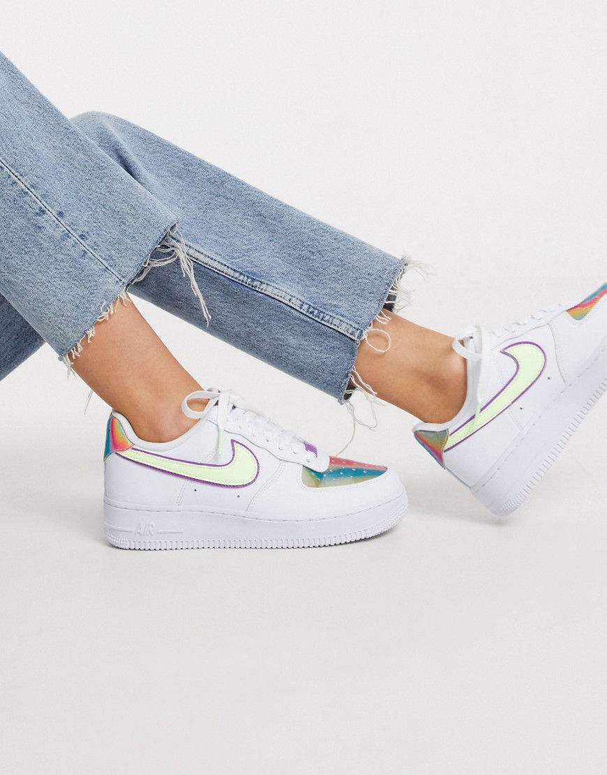 NIKE AIR FORCE 1 '07 SNEAKERS IN WHITE GREEN AND PURPLE,CW0367-100
