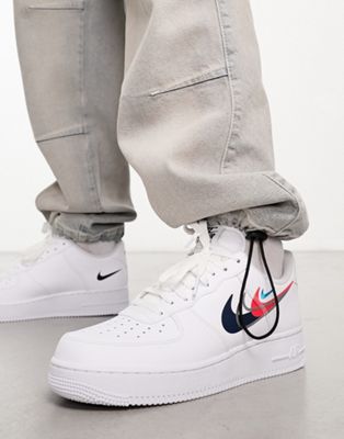 Nike Air Force 1 '07 stacked swoosh trainers in white and navy | ASOS