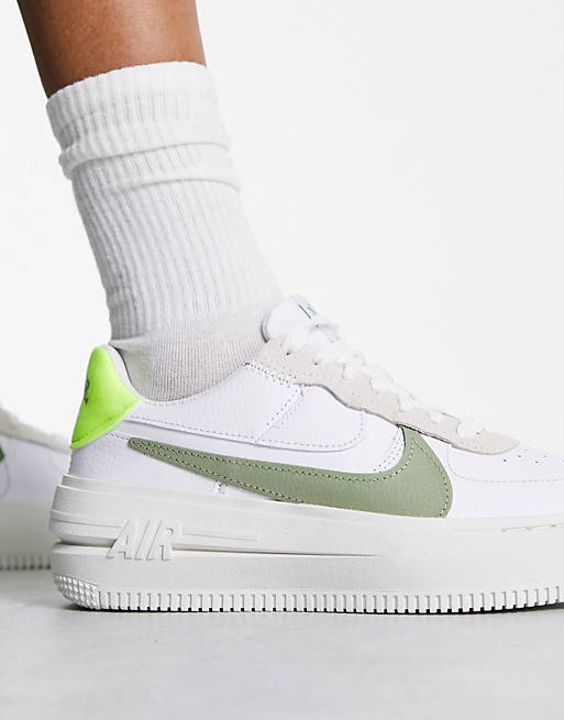 Nike Force 1 trainers in white/oil green/volt