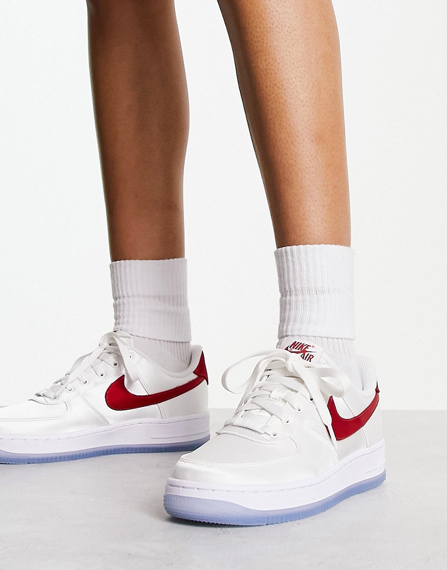 Nike Air Force 1 satin trainers in white and varsity red