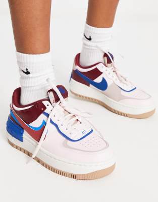 NIKE AIR FORCE 1 SHADOW SNEAKERS IN SOFT PINK AND BLUE BURGUNDY MIX