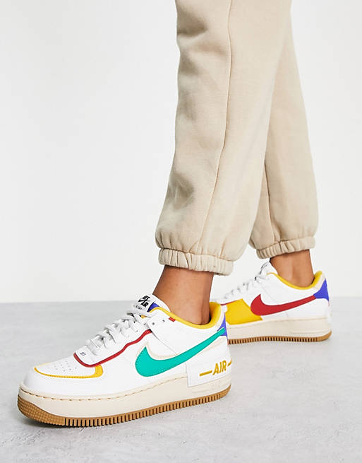 Nike Air Force 1 Shadow sneakers in white, neptune green and yellow ochre |