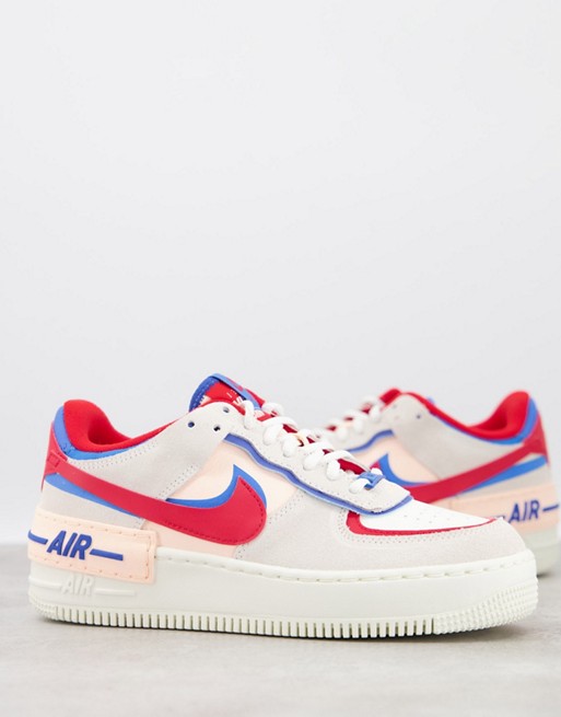 Nike Air Force 1 Shadow trainers in off white red and blue