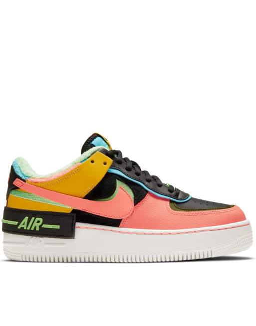 Nike Air Force 1 Shadow trainers with faux fur in black and fluro