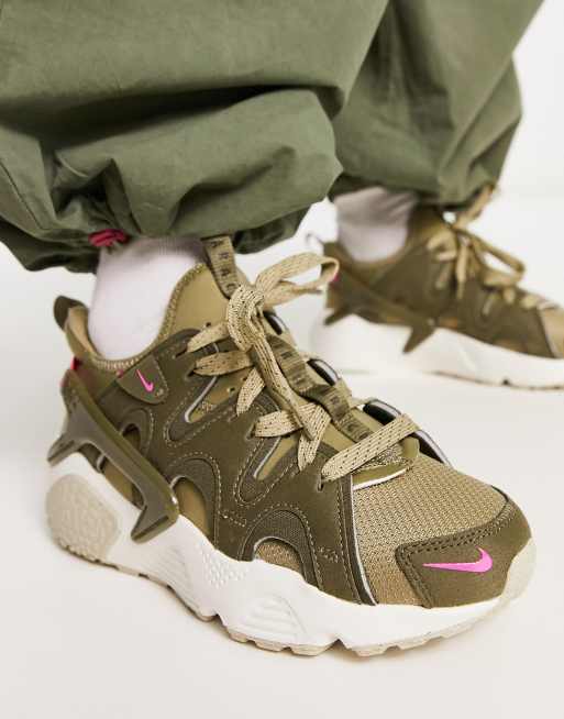 Nike Air Huarache Craft trainers in medium olive and hyper pink