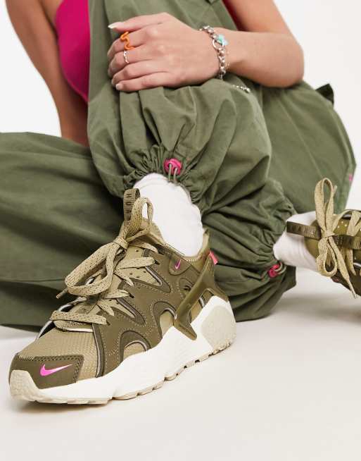 Nike Air Huarache Craft trainers in medium olive and hyper pink