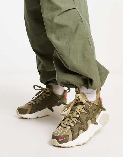 Nike Air Huarache Craft trainers in medium olive and hyper pink