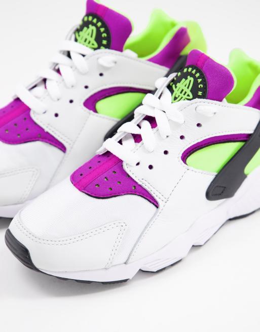 Nike Air Huarache trainers in white purple and green