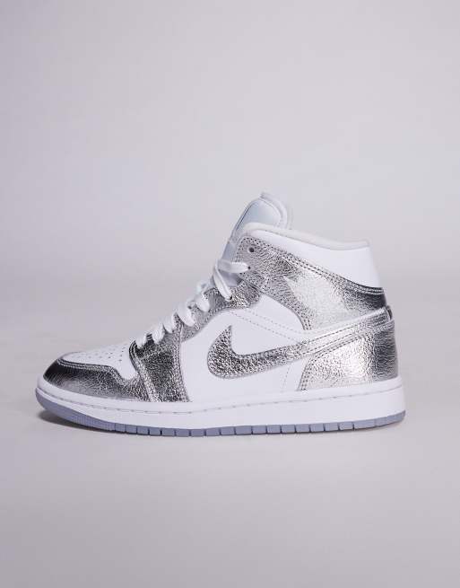 Nike Air Jordan 1 Mid SE sneakers in metallic silver and white, 2 of 5