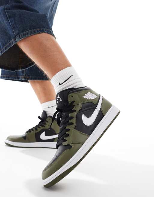 Nike - Air Jordan 1 Mid - Sneakers alte color nero, oliva e bianco