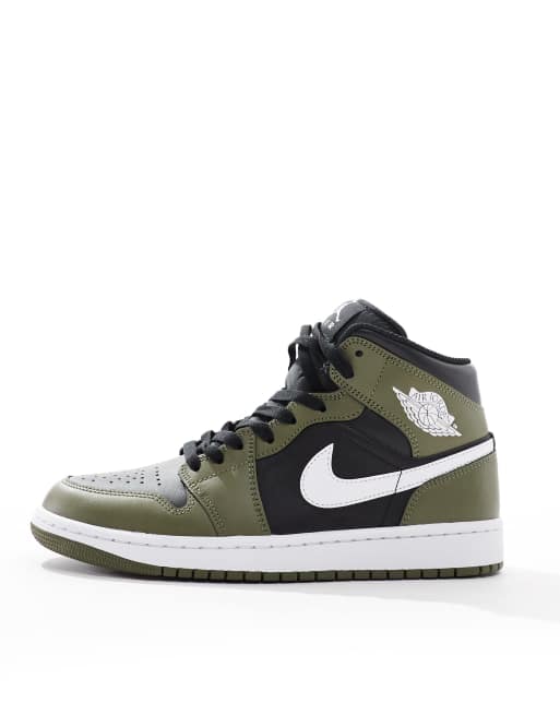 Nike - Air Jordan 1 Mid - Sneakers in zwart, olijfgroen en wit, 2 van 5