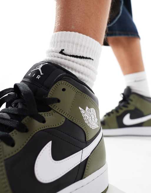 Nike - Air Jordan 1 Mid - Sneakers in zwart, olijfgroen en wit, 4 van 5